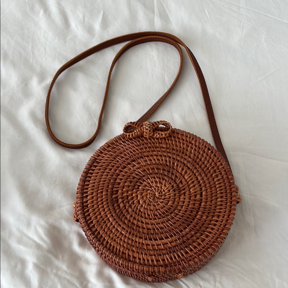 Brown Circular Woven Crossbody Bag